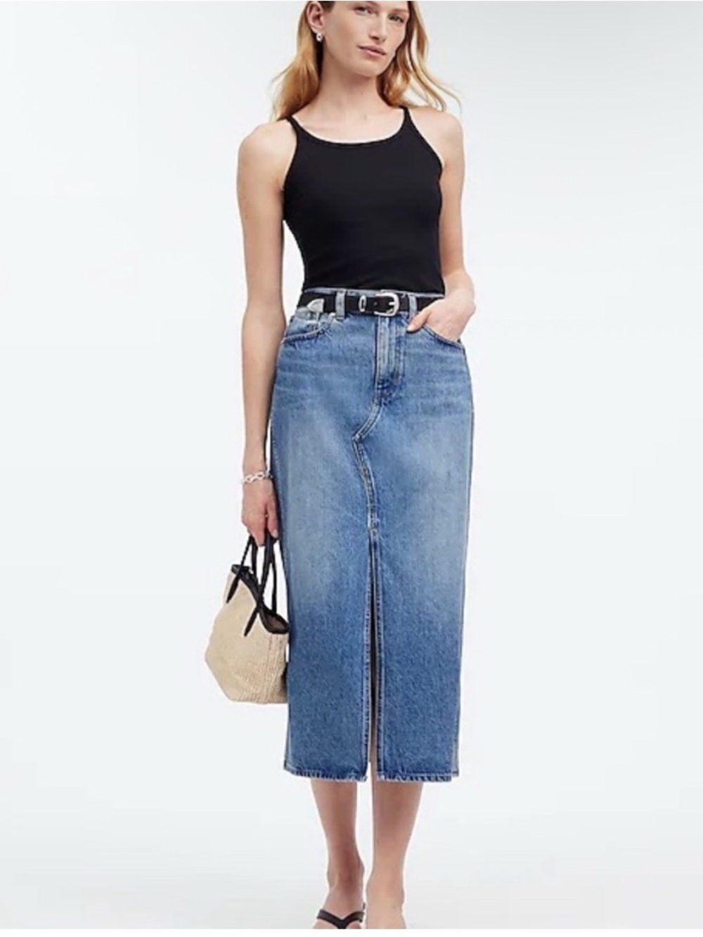 Madewell Rilee Denim Midi Skirt Blue Front Slit Enmore Wash Cotton- 31